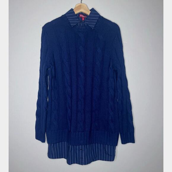 Staud Aldrin Cable Knit Mixed Media Sweater Mini Dress Navy Blue Size XS - Picture 3 of 9
